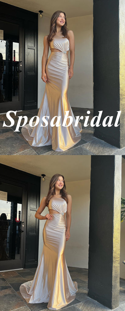 Sexy Elastic Satin One Shoulder Sleeveless Side Slit Long Prom Dresses, PDS1028