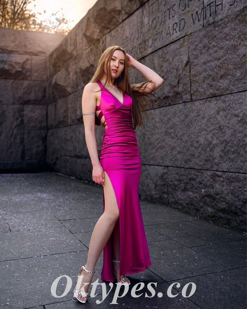 Sexy Elastic Satin V-Neck Lace Up Back Side Slit Mermaid Long Prom Dresses, PDS0970