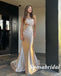 Sexy Elastic Satin One Shoulder Sleeveless Side Slit Long Prom Dresses, PDS1028