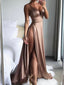 Sexy Spaghetti Straps Brown Soft Satin Prom Evening Dresses with Split, TYP1495