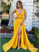 Sexy Deep V-Neck Long Cheap Split Yellow Prom Dresses with Beaded, TYP1681