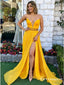Sexy Deep V-Neck Long Cheap Split Yellow Prom Dresses with Beaded, TYP1681