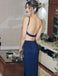Sexy Navy Blue Backless Long Satin Slit Prom Dresses with Beaded, TYP1607