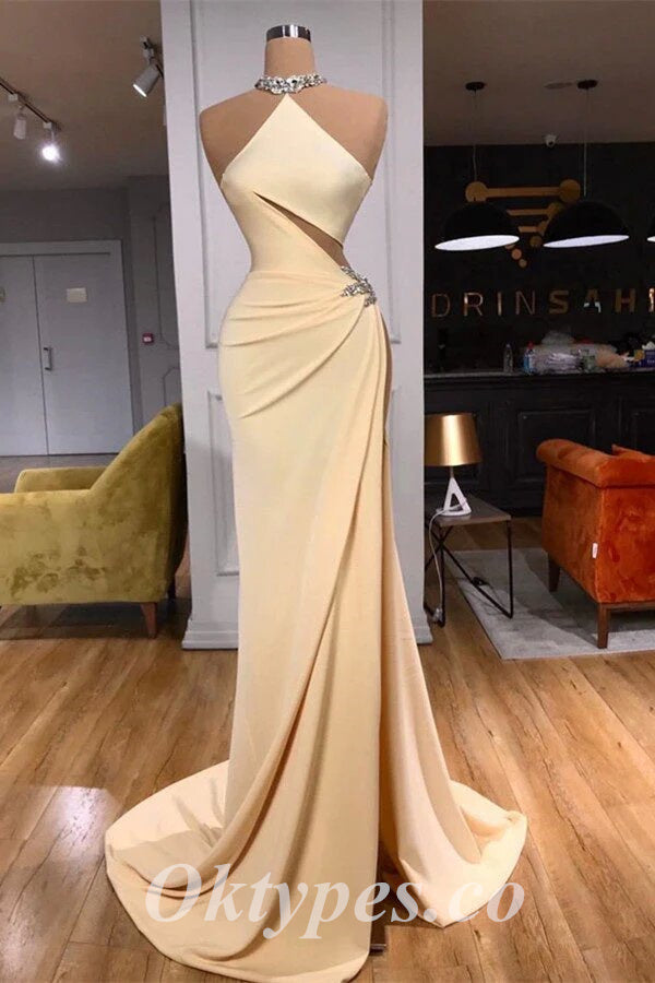 Sexy Satin Sleeveless Side Slit Mermaid Long Prom Dresses With Rhinestone, PDS0819