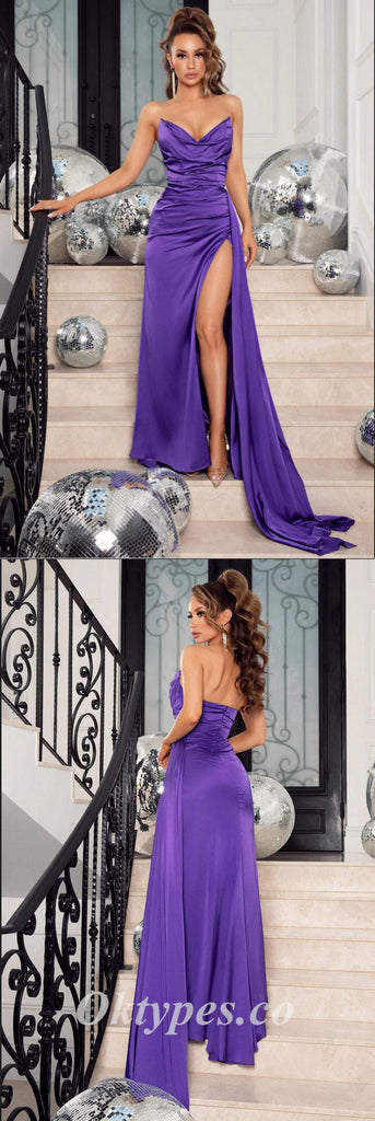 Sexy Purple Satin Sweetheart V-Neck Sleeveless Side Slit Mermaid Long Prom Dresses,PDS0517