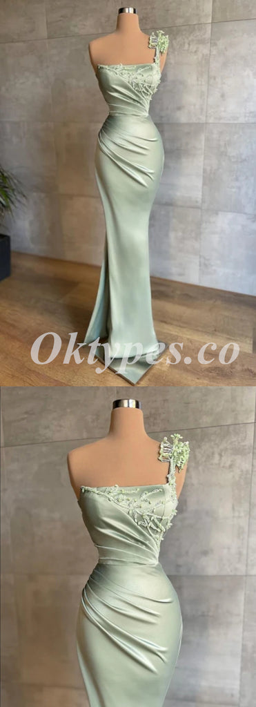 Sexy Satin One Shoulder Sleeveless Mermaid Long Prom Dresses,PDS0715