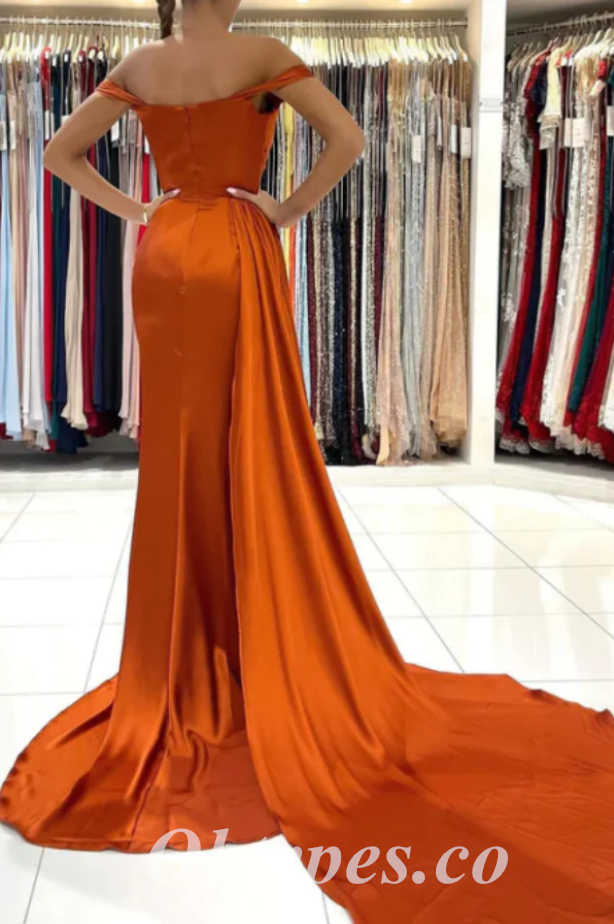 Sexy Burnt-Orange Satin Off Shoulder Side Slit Mermaid Long Prom Dresses With Trailing,PDS0600
