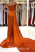 Sexy Burnt-Orange Satin Off Shoulder Side Slit Mermaid Long Prom Dresses With Trailing,PDS0600