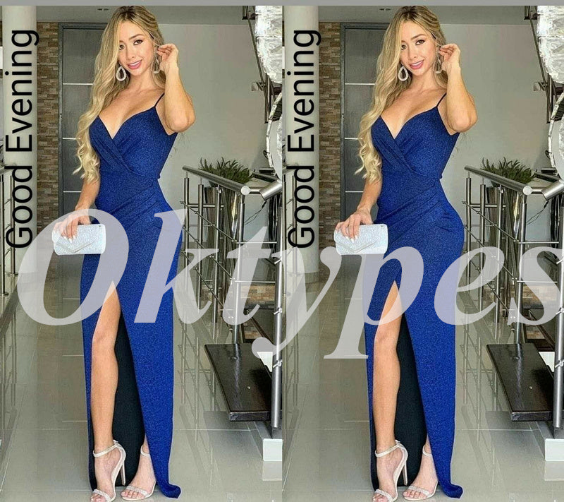Sexy Sequin Spaghetti Straps V-Neck Sleeveless Side Slit Mermaid Long Prom Dresses, PDS0867
