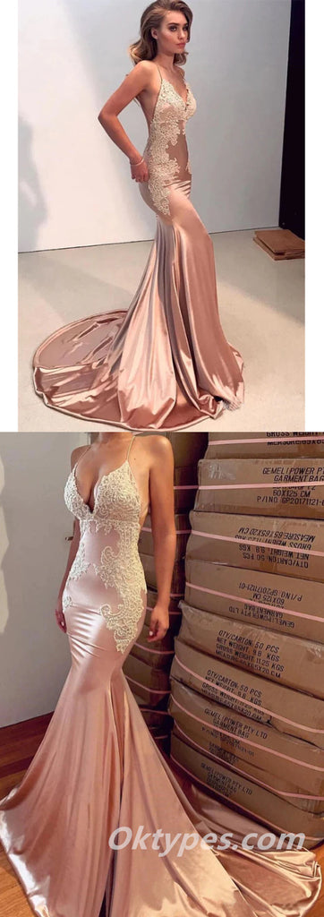 Sexy Spaghetti Straps V-Neck Mermaid Long Prom Dresses With Applique,PDS0344