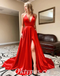 Sexy Red Satin Halter V-Neck Side Slit A-Line Long Prom Dresses With Pockets,PDS0597