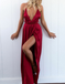 A-Line V-Neck Criss-Cross Back Blush Elastic Satin Prom Dresses with Split, TYP1284
