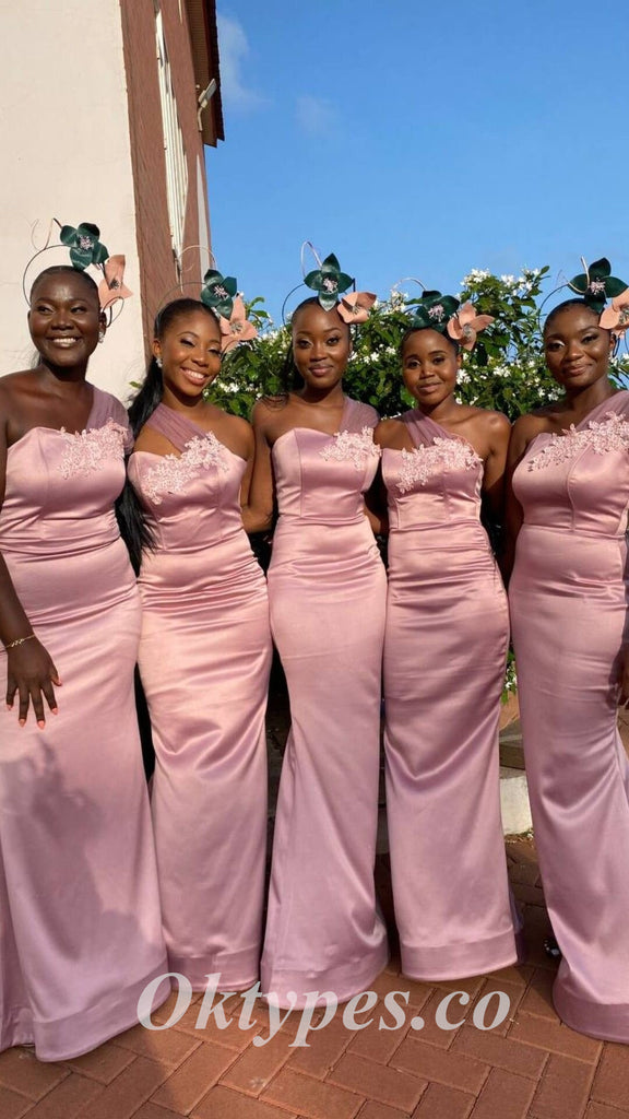 Sexy Soft Satin And Tulle One Shoulder Sleeveless Mermaid Floor Length Bridesmaid Dressses With Applique, BDS0252
