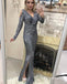 Sexy Sliver Sequin Long Sleeve V Neck Prom Dresses with Slit, TYP1843