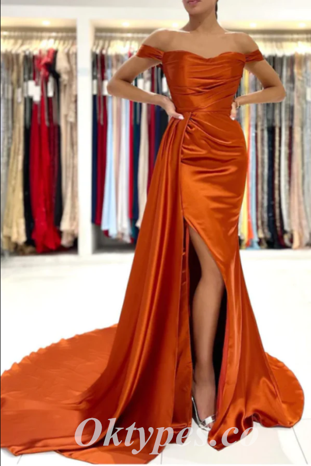 Sexy Burnt-Orange Satin Off Shoulder Side Slit Mermaid Long Prom Dresses With Trailing,PDS0600