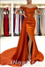 Sexy Burnt-Orange Satin Off Shoulder Side Slit Mermaid Long Prom Dresses With Trailing,PDS0600