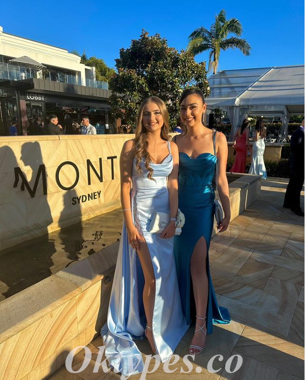 Sexy Blue Satin Spaghetti Straps Sleeveless Side Slit Mermaid Long Prom Dresses,PDS0647