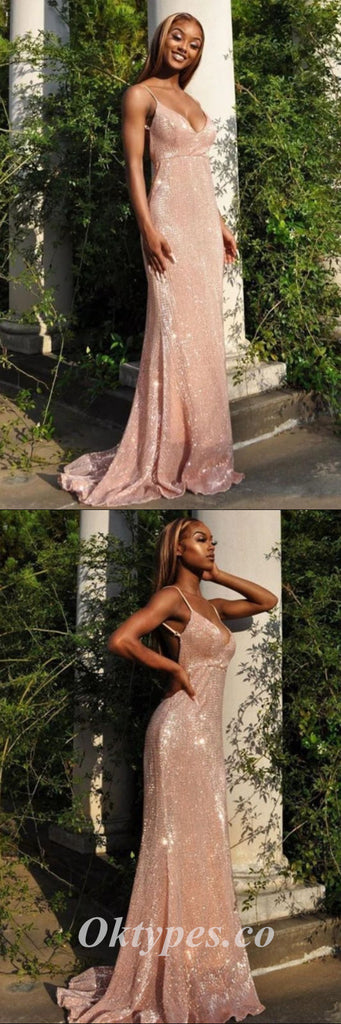 Sexy Sequin Tulle Spaghetti Straps V-Neck Sleeveless Mermaid Long Prom Dresses,PDS0612