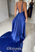 Sexy Royal Blue Satin Spaghetti Straps V-Neck Open Back Sleeveless Side Slit Mermaid Long Prom Dresses/Evening Dresses ,PDS0473
