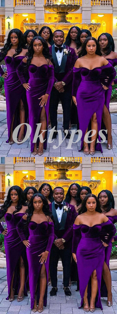 Sexy Grape Velvet Off Shoulder Long Sleeve Side Slit Sheath Floor Length Bridesmaid Dressses, BDS0253