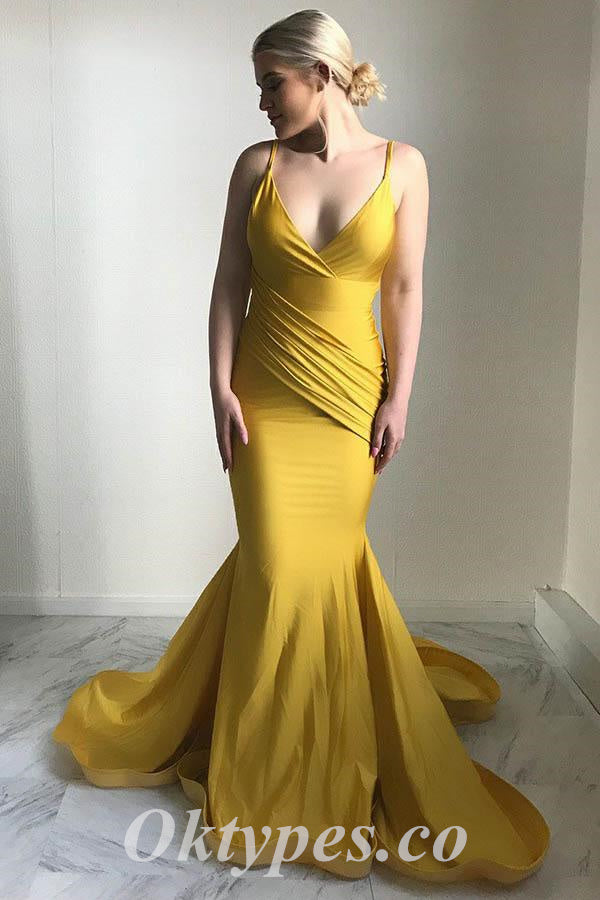 Sexy Satin Spaghetti Straps V-Neck Sleeveless Backless Mermaid Long Prom Dresses,PDS0672