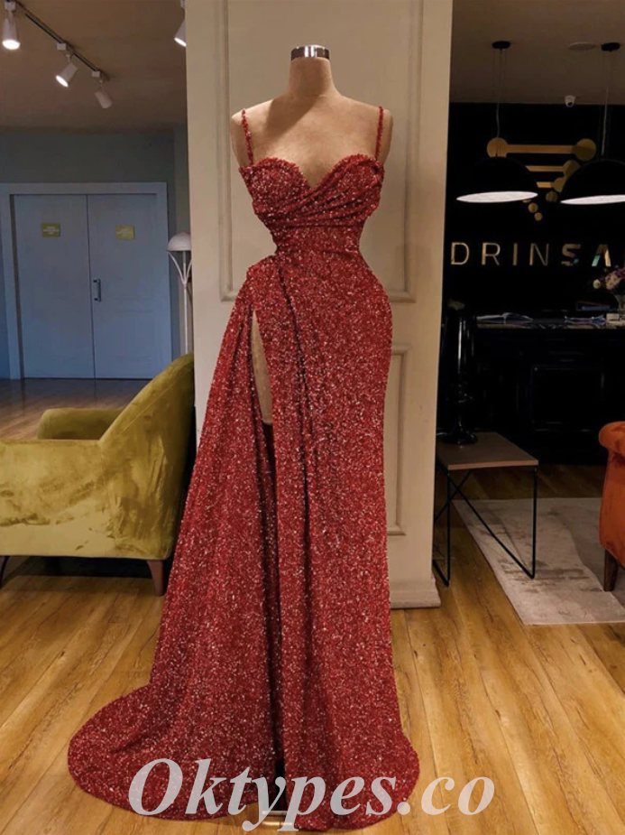 Sexy Red Sequin Spaghetti Straps V-Neck Side Slit Mermaid Long Prom Dresses,PDS0702