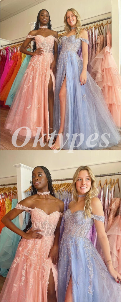 Sexy Tulle And Lace Off Shoulder Sleeveless Side Slit A-Line Long Prom Dresses,PDS0747