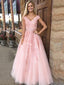 Pink A-Line V-neck Formal Tulle Long Prom Dresses With Applique, TYP1451
