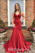 Sexy Rust Satin Spaghetti Straps V-Neck Mermaid Long Prom Dresses,PDS0596