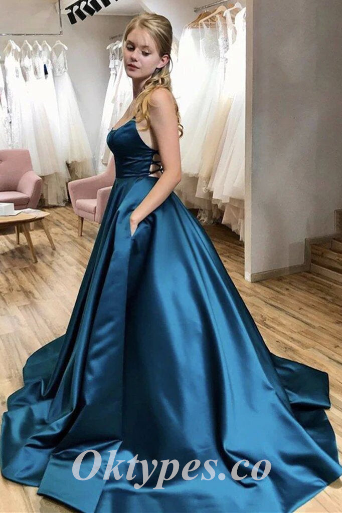 Sexy Soft Satin Spaghetti Straps V-Neck Sleeveless Lace Up A-Line Long Prom Dresses With Pocket, PDS0889