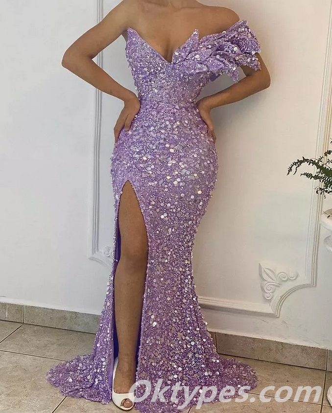Sexy Sequin One Shoulder V-Neck Side Slit Mermaid Floor Length Prom Dresses,PDS0348