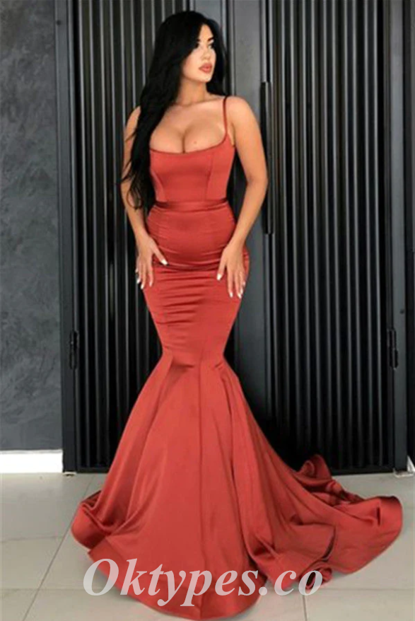 Sexy Rust Satin Spaghetti Straps Sleeveless Mermaid Long Prom Dresses ,PDS0623