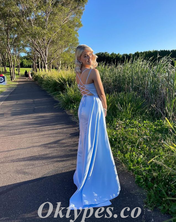 Sexy Blue Satin Spaghetti Straps Sleeveless Side Slit Mermaid Long Prom Dresses,PDS0647