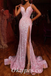 Sexy Pink Sequin Spaghetti Spraps V-Neck Side Slit Mermaid Long Prom Dresses,PDS0454