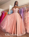Sexy Tulle And Lace Off Shoulder Sleeveless Side Slit A-Line Long Prom Dresses,PDS0747
