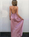 A-Line V-Neck Criss-Cross Back Blush Elastic Satin Prom Dresses with Split, TYP1284
