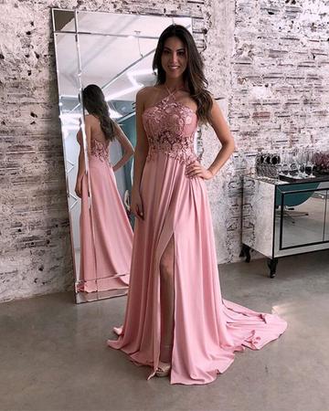 Sexy Lace Halter Pink Long Cheap Chiffon Prom Dresses With Leg Split, TYP1917