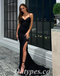 Sexy Black Satin Halter V-Neck Lace Up Back Side Slit Mermaid Long Prom Dresses,PDS0599