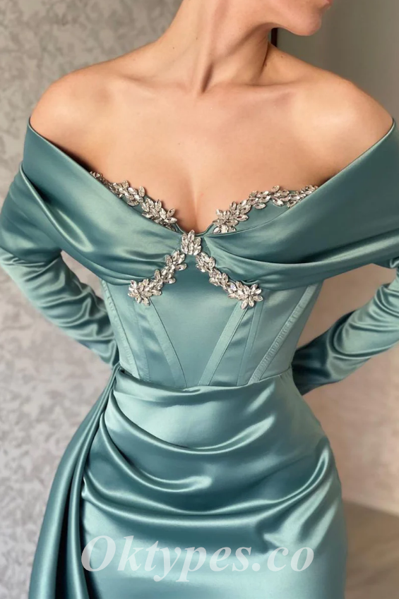 Sexy Satin Off Shoulder Long Sleeve V-Neck Sleeveless Mermaid Long Prom Dresses With Train,PDS0521