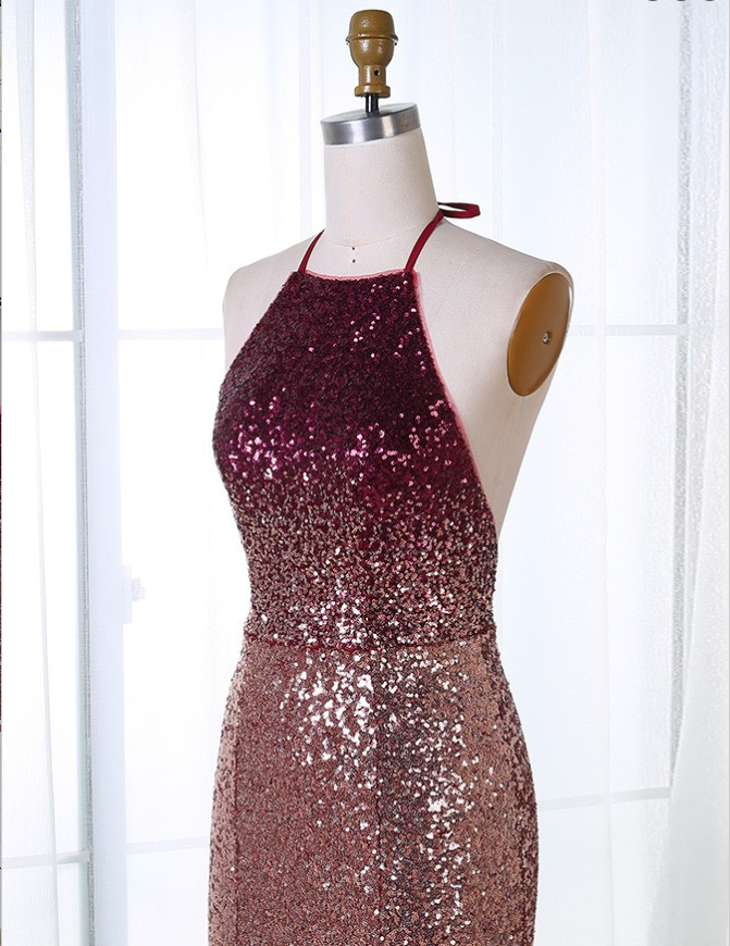 Mermaid Halter Backless Long Cheap Ombre Sequined Prom Dresses, TYP1297