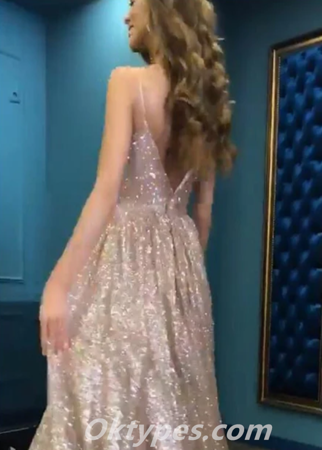 Sexy Sequin Spaghetti Straps Deep V Neck A-Line Long Prom Dresses,PDS0402