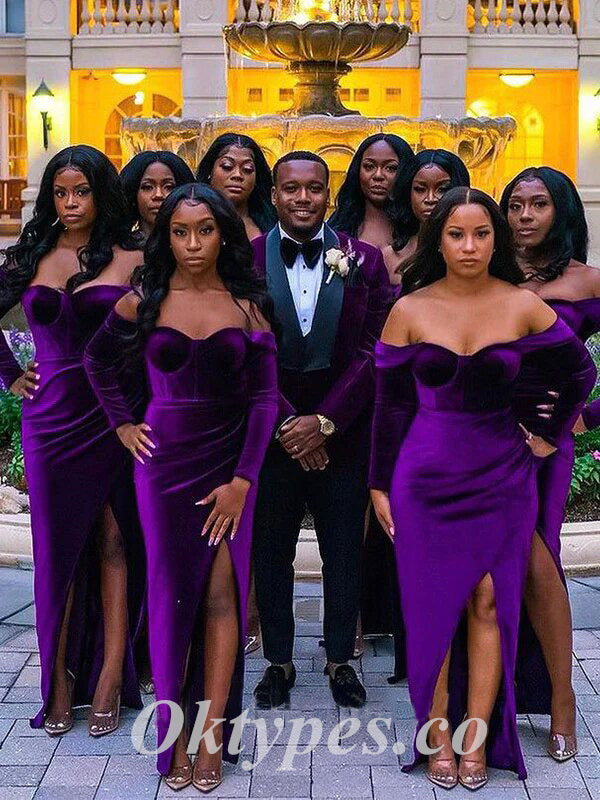 Sexy Grape Velvet Off Shoulder Long Sleeve Side Slit Sheath Floor Length Bridesmaid Dressses, BDS0253