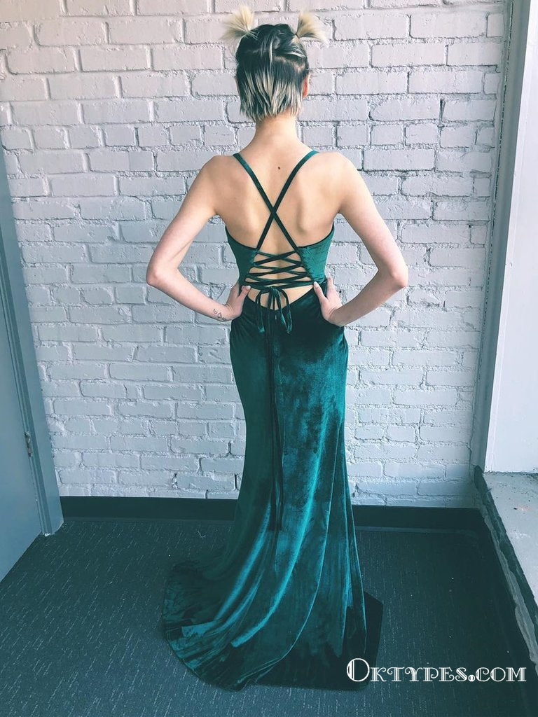 Sexy Fleece Spaghetti Straps Long Green Velvet Prom Dresses With Slit, TYP1634
