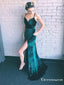 Sexy Fleece Spaghetti Straps Long Green Velvet Prom Dresses With Slit, TYP1634
