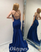 Sexy Royal Blue Sequin Satin Spaghetti Straps V-Neck Lace Up Back Mermaid Long Prom Dresses,PDS0594
