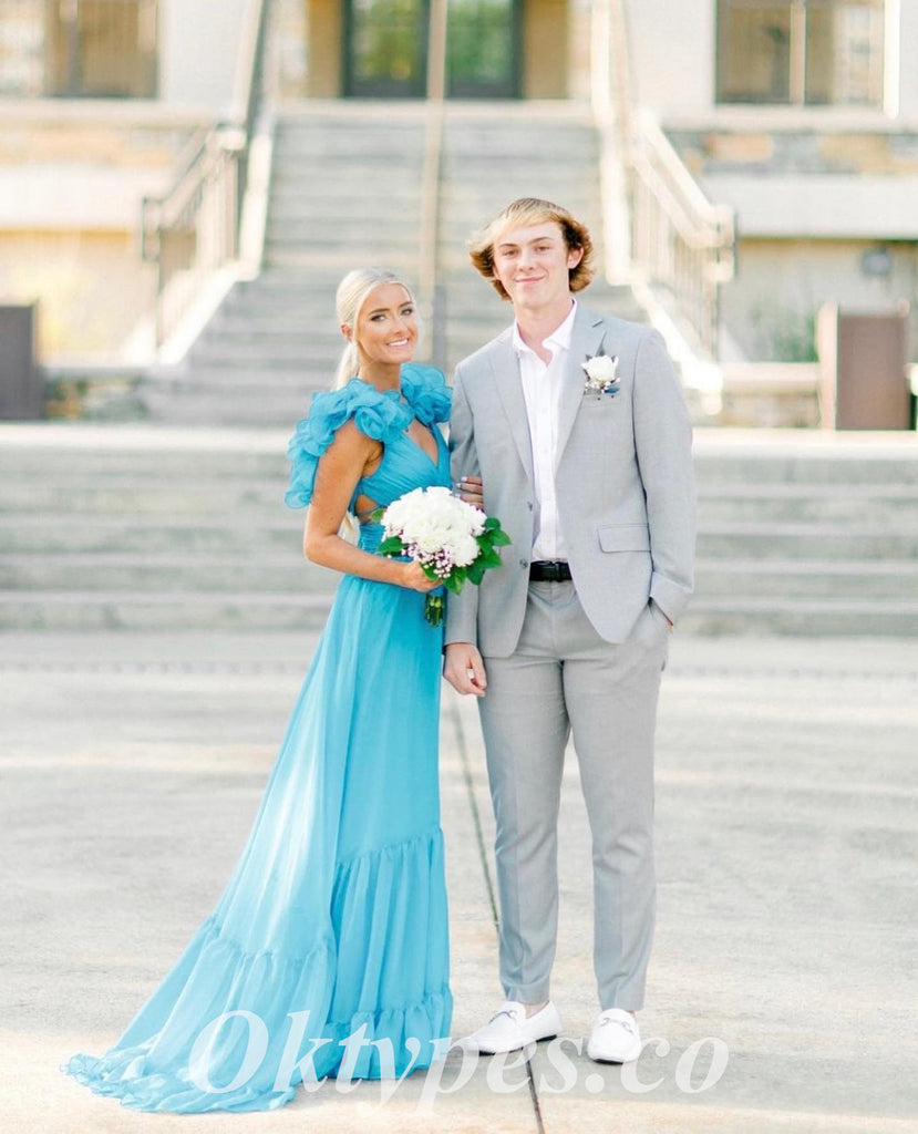 Sexy Chiffon Spaghetti Straps V-Neck Lace Up Back A-Line Long Prom Dresses, PDS0967