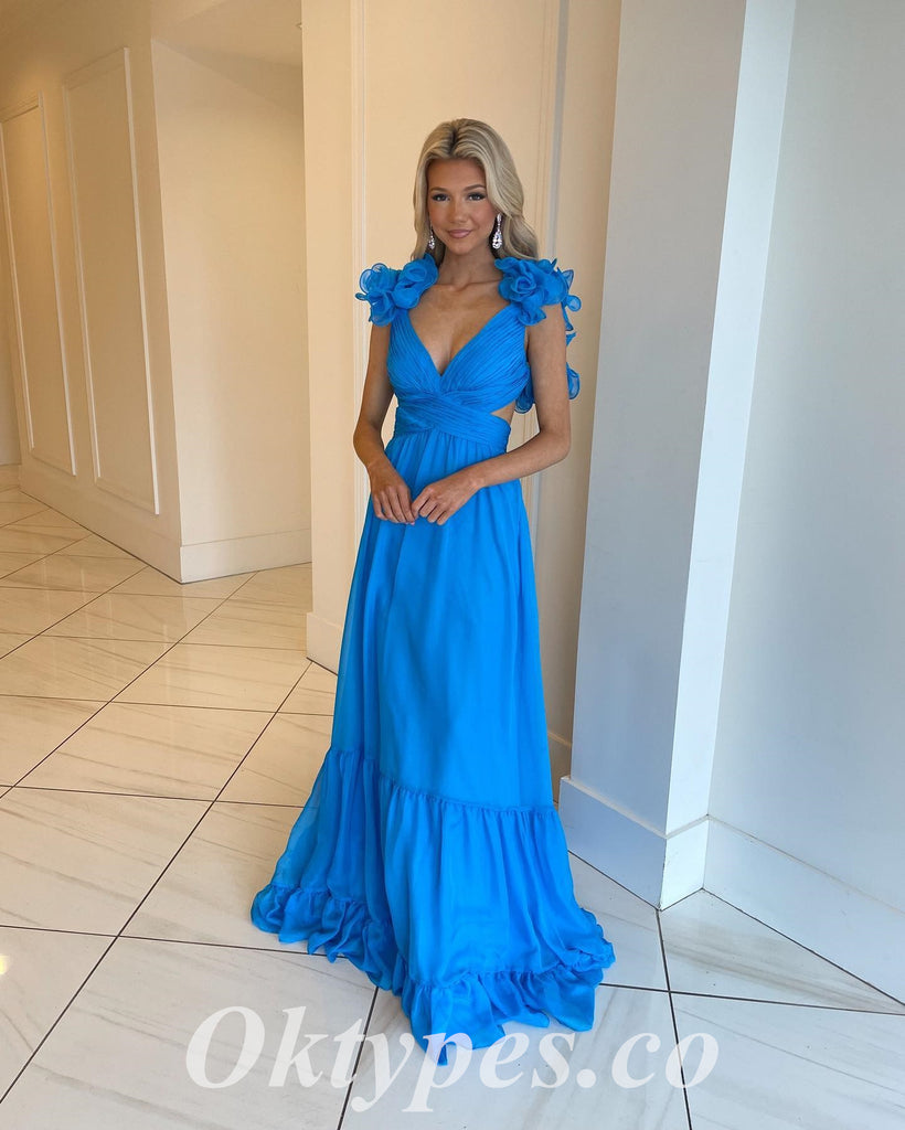 Sexy Chiffon Spaghetti Straps V-Neck Lace Up Back A-Line Long Prom Dresses, PDS0968