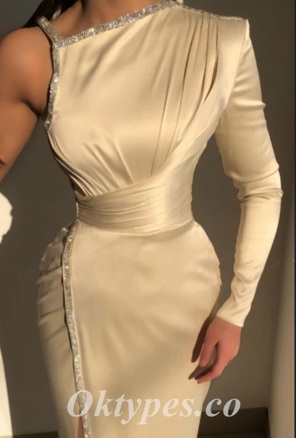 Sexy Satin One Shoulder Long Sleeve Side Slit Mermaid Long Prom Dresses,PDS0685