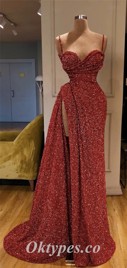Sexy Red Sequin Spaghetti Straps V-Neck Side Slit Mermaid Long Prom Dresses,PDS0702