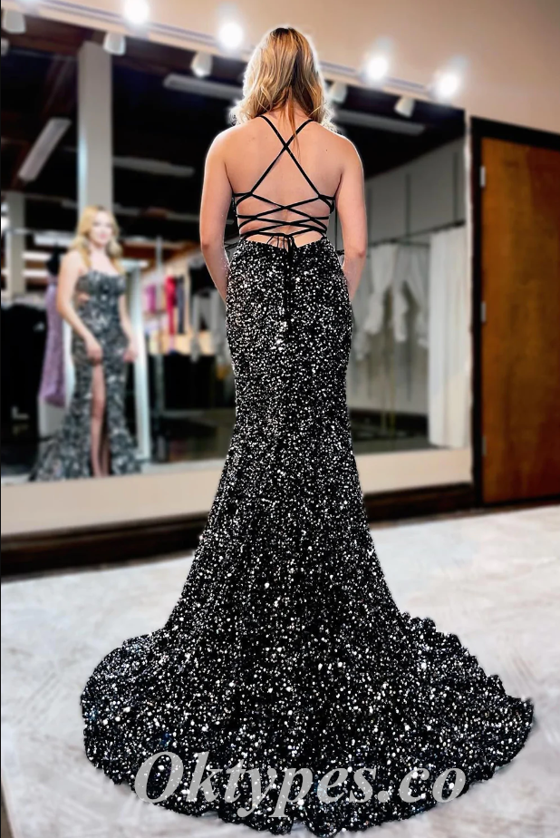 Sexy Black Sequin Spaghetti Straps Square Sleeveless Lace Up Back Mermaid Long Prom Dresses With Side Slit,PDS0610
